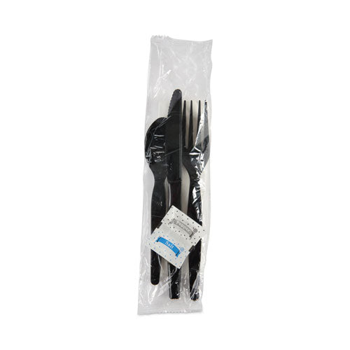 Six-Piece Cutlery Kit, Condiment/fork/knife/napkin/spoon, Heavyweight, Black, 250/carton