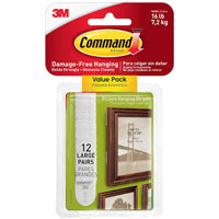 Command 17206-12ES Large Picture Hanging Strip, 3/4 in W, 3-5/8 in L, Foam Backing, White, 4 lb