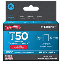 Arrow 508M1 Staple, T50 Staple, 3/8 in W Crown, 1/2 in L Leg, Monel Staple