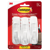 Command 17003-VP-3PK Utility Hook, 7/8 in Opening, 5 lb, 3-Hook, Plastic, White