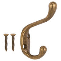 ProSource H6271007AB-PS Coat and Hat Hook, 22 lb, 2-Hook, 1-1/64 in Opening, Zinc, Antique Brass