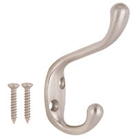 ProSource H6271007SN-PS Coat and Hat Hook, 22 lb, 2-Hook, 1-1/64 in Opening, Zinc, Satin Nickel