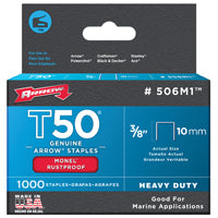 Arrow 506M1 Staple, T50 Staple, 3/8 in W Crown, 3/8 in L Leg, Monel Staple