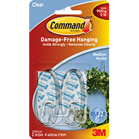 Command 17091CLR Adhesive Hook, 2 lb, 2-Hook, Plastic, Clear