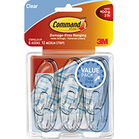 Command 17091CLR-VP Adhesive Hook, 2 lb, 6-Hook, Plastic, Clear