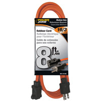 PowerZone Extension Cord, 16 AWG Cable, 5-15P Grounded Plug, 5-15R Grounded Receptacle, 8 ft L, 13 A, 125 V