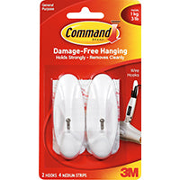 Command 17068 Wire Hook, 0.3 in Opening, 3 lb, 2-Hook, Metal/Plastic, White